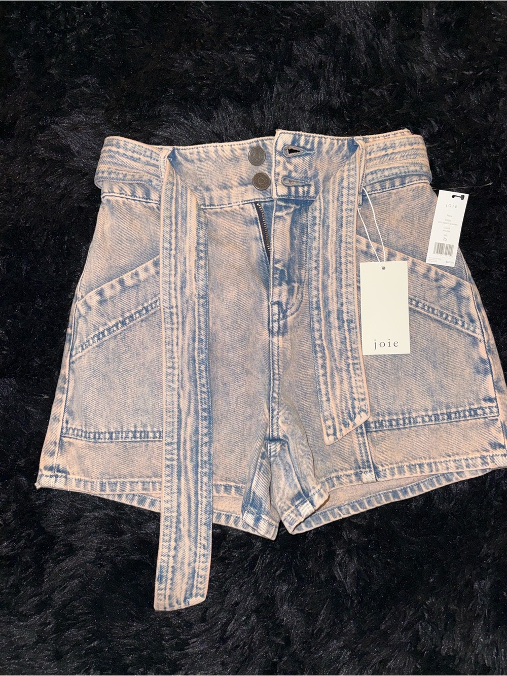 Joie Washed Denim High-Waist Tie-Belt Shorts in Light Blue/baby pink NWT 25